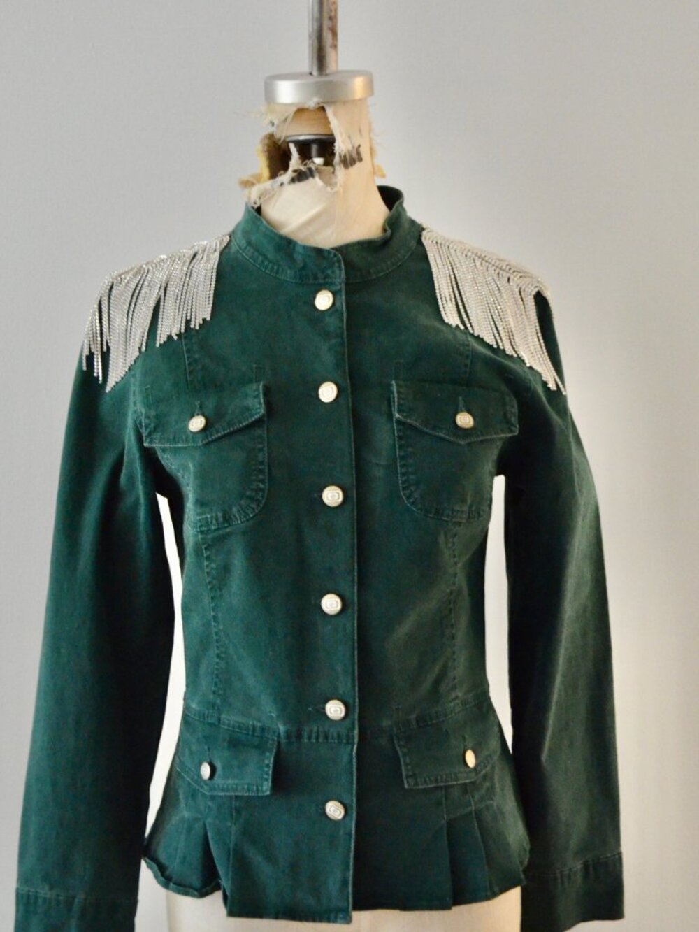 Military GG Green Denim Rhinestone Crystal Fringe with Huge Cat Patch Dazzling S